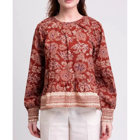 VERONICA BEARD Kester Top Batik Style Florals Ruffled 3/4 Sleeves Blouse Size 10 - Picture 1 of 11